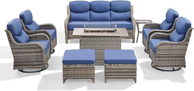 Luxury Patio Furniture Set with 6-inch Thick Cushion, Outdoor Furniture with Fire Pit Table, Swivel Chairs, Sofa, Side Table, Ottomans, 9pcs Wicker Conversation Set(Grey Wicker/Blue Cushion)