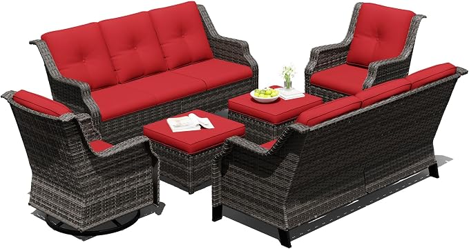 Outdoor Patio Furniture Set, 6 Piece Wicker Patio Furniture with Thick Cushions, Curved Armrest, Deep Seating, Rattan Outdoor Chairs for Porch, Deck, Balcony
