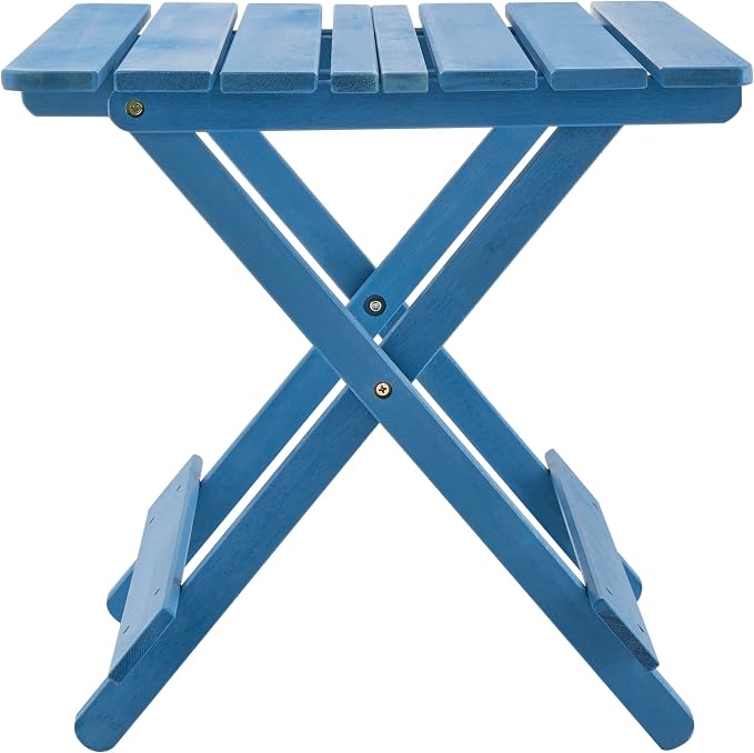 Foldable Solid Wood Side Table, Space Saving Outdoor Square Folding Patio Snack End Table, Fully Assembled Quick Fold Side Tables for Camping, Picnic, Backyard (Blue)