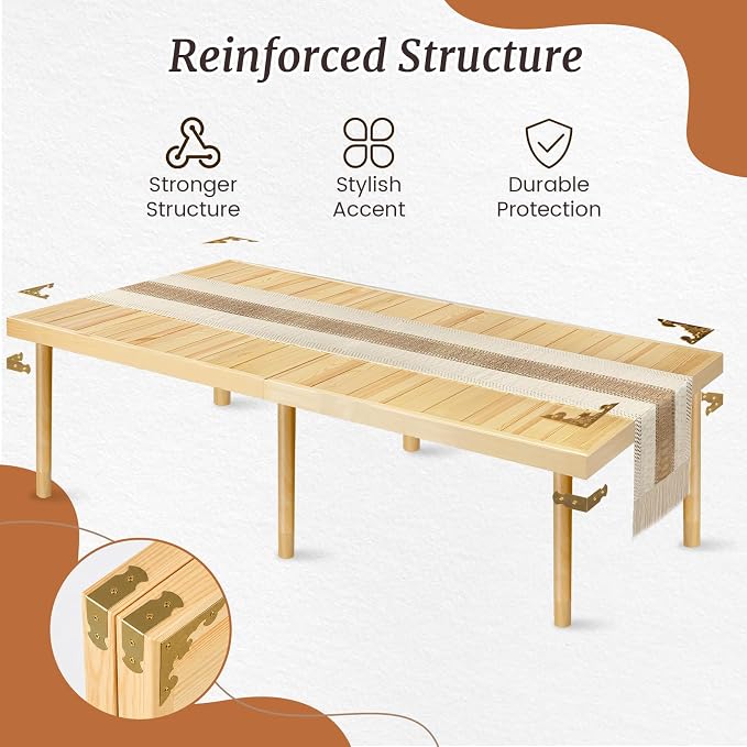 Low Picnic Table with 2 Adjustable Heights – Boho Wooden Picnic Table with Table Runner, 79" x 32" Size for 8, Portable & Foldable for Beach, Camping & Forest