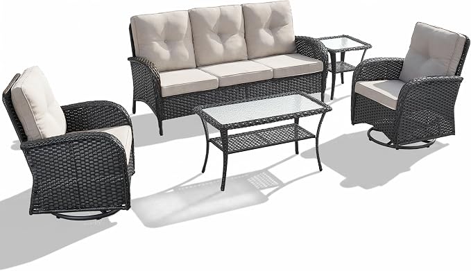5 Piece Patio Furniture Set - Wicker Patio Conversation Set with Swivel Glider, 3 Seat Sofa, Tempered Glass Side Table and Coffee Table for Deck Backyard - Black Wicker Beige Cushion