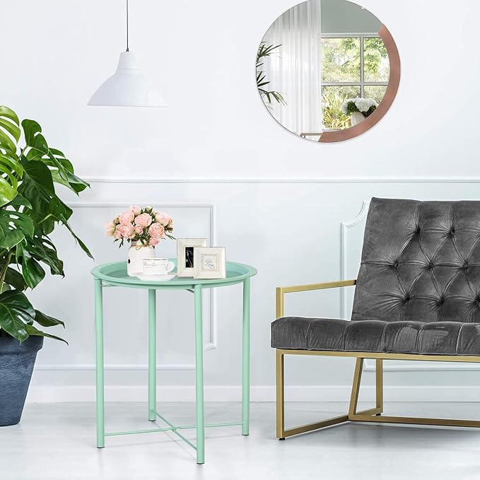 VECELO Side/End Table, Folding Round Metal Anti-Rust and Waterproof Outdoor or Indoor Tray for Living Room Bedroom Balcony and Office, 2 PCS, Light Green