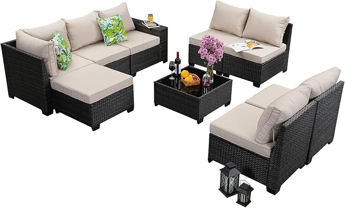 9 Pieces Outdoor Patio Furniture Set, Wicker Conversation Sets with Tea Table, Rattan Patio Sofa with Thick Cushions for Garden, Backyard Porch, Poolside,Beige