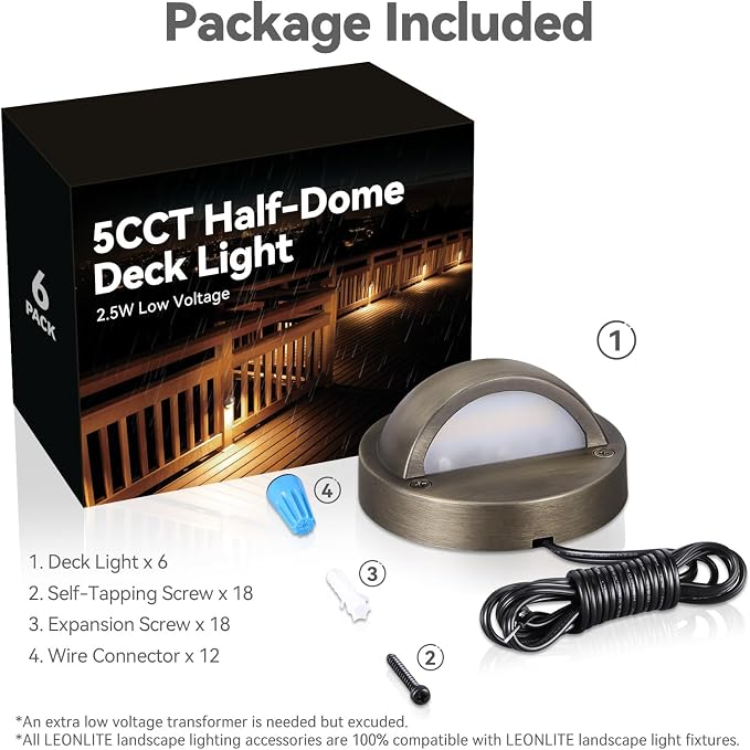 LEONLITE 6-Pack 5CCT 3.74inch Low Voltage LED Deck Lights, Bronze | 180LM, 12-24V AC/DC, CRI90, UL Listed, Die-cast Aluminum Housing, Frosted Glass Lens, 1800K/2700K/3000K/4000K/5000K