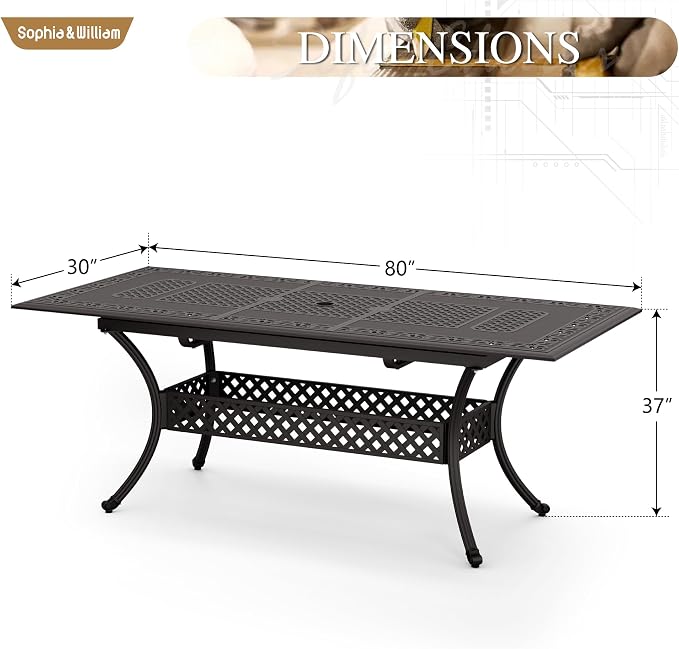 Sophia & William Extendable Outdoor Dining Table Cast Aluminium Patio Table 6-Person Rectangular with 2.1" Umbrella Hole for Porch Backyard, Bronze