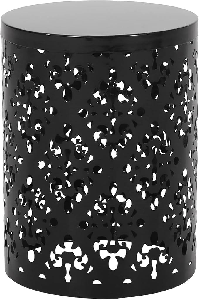 14" Cylindrical Side Table with Floral Iron Cut, Stylish End Table with Powder-Coated Iron, Practical Accent Table with No Assembly for Outdoor Patio Garden, Black
