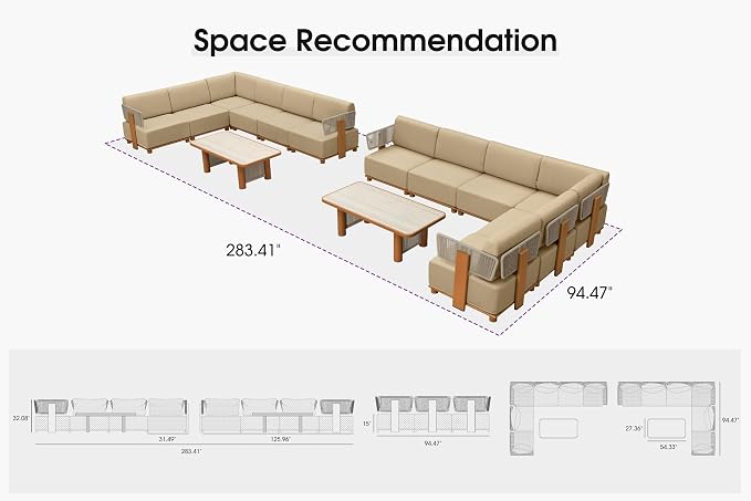 PURPLE LEAF Patio Furniture Set Modular L-Shaped Outdoor Sectional Sofa with 11" Thick Olefin Cushion 14-Piece Outdoor Conversation Set with Tables & Coffee Lights for Backyard Garden Poolside, Beige