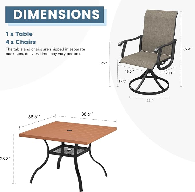 DIFY 5 Pieces Outdoor Patio Dining Set for 4, 38.6" Walnut Square Patio Dining Table and 4 Brown Swivel Textilene Chairs with Curved Armrest, Patio Table and Chairs