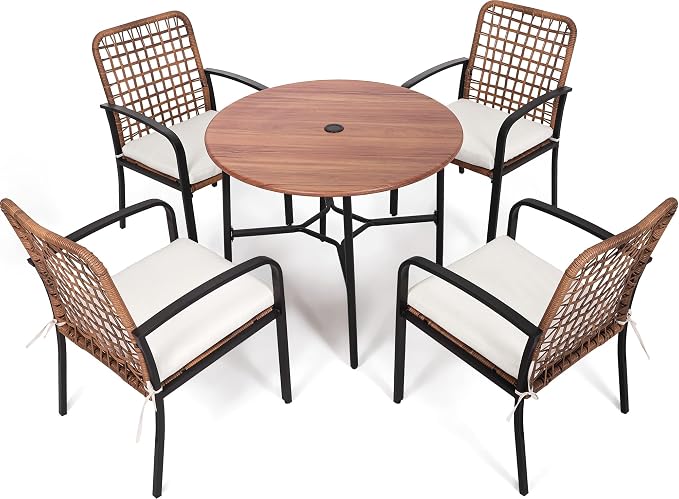5 Pieces Patio Dining Set, Outdoor Dining Set with Handwoven Wicker Chairs & Wood Grain Table, Patio Table and Chairs Set with Cushions, Outdoor Table and Chairs for Garden