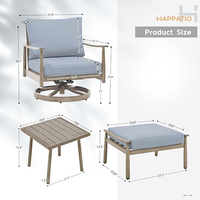 HAPPATIO Aluminum Outdoor Furniture Set - 5 Pieces Patio Furniture Set Includes 1 Side Table, 2 Swivel Chairs and 2 Ottomans with Thick Cushion, Patio Conversation Set for Backyard Poolside (Brown)