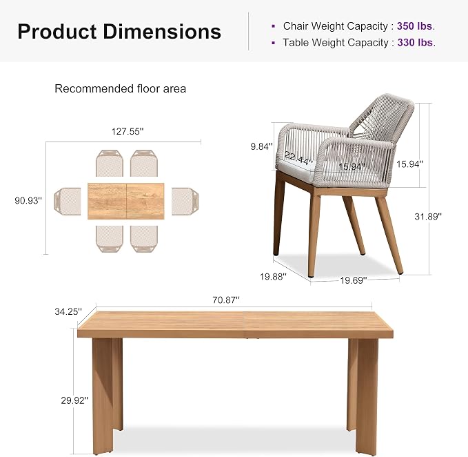 PURPLE LEAF 7 Pieces Patio Dining Set Aluminum Modern Rectangular Table and Rattan Arm Chairs with Cushions for Kitchen Porch Garden Outdoor Furniture Sets, Teak