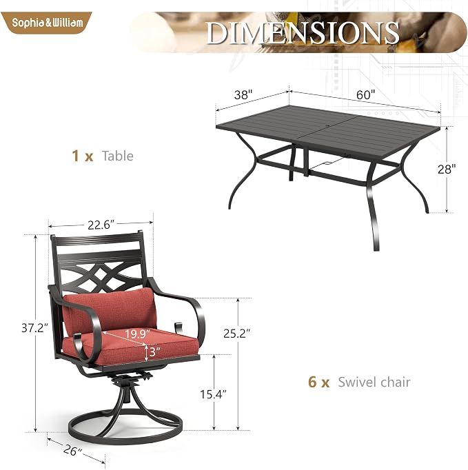 Sophia & William Patio Dining Set, Steel, Black | Umbrella Hole, Swivel Chairs, E-Coated, Cushions Included, For Patio, Garden and Yard