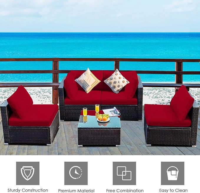 DORTALA 5 Pieces Patio Furniture Set, Outdoor Rattan L-Shaped Corner Sofa Set with Cushions, Coffee Table, Patio Sectional Conversation Set for Backyard Porch Garden Poolside, Red
