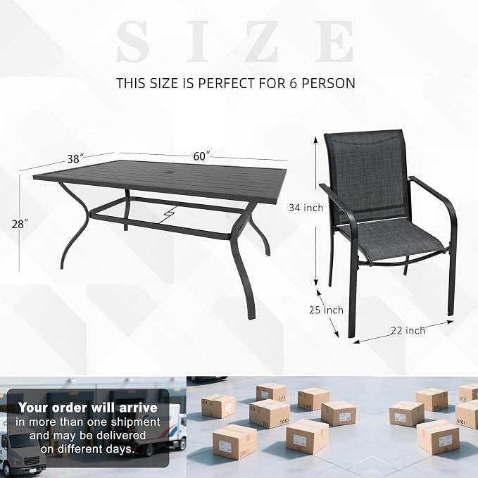 Anmutig Dark Grey Outdoor Patio Dining Set of 7 with 60"x38" Rectangle Table and 6 Stacking Chairs for 6 Person