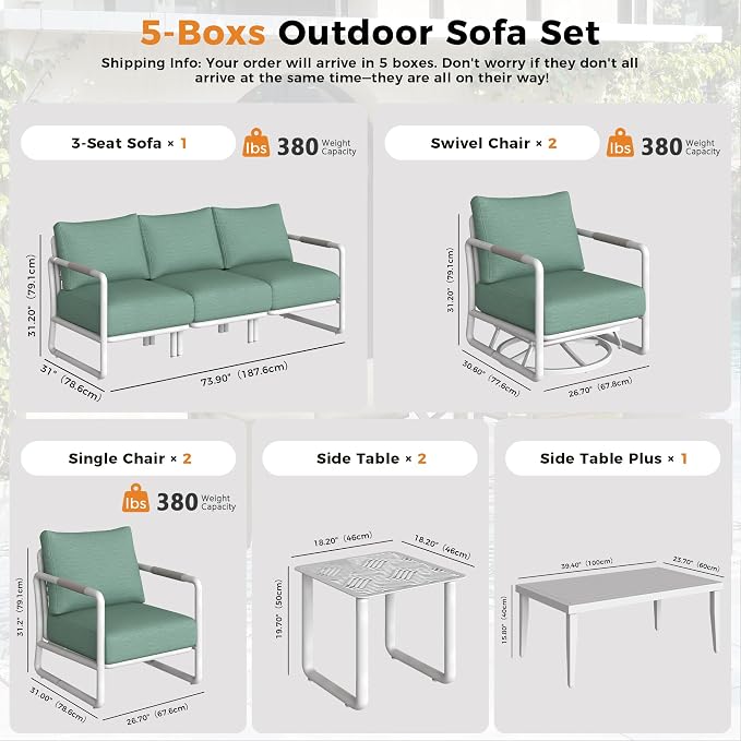 Outdoor Aluminum Patio Furniture Set with with 6.5" Thick Cushions,10-Piece Outdoor Sectional Conversation Set with Swivel Chairs,All-Weather Patio Set for Backyard & Deck,White