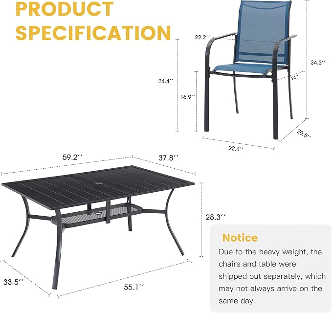 VICLLAX Patio Dining Set for 6, 7-piece Outdoor Dining Set - 59" Rectangle Patio Table and Chairs for Lawn Garden, Black Tabletop and Blue Fabric