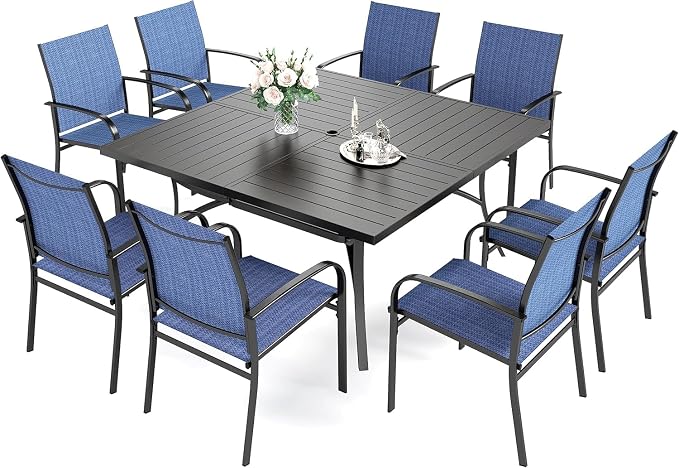 HERA'S HOUSE 9pc Outdoor Patio Dining Set for 8, Textilene Chairs, Blue | 57.5" Square Metal Table with umbrella hole. Waterproof, rust-resistant, all-weather for backyard, porch