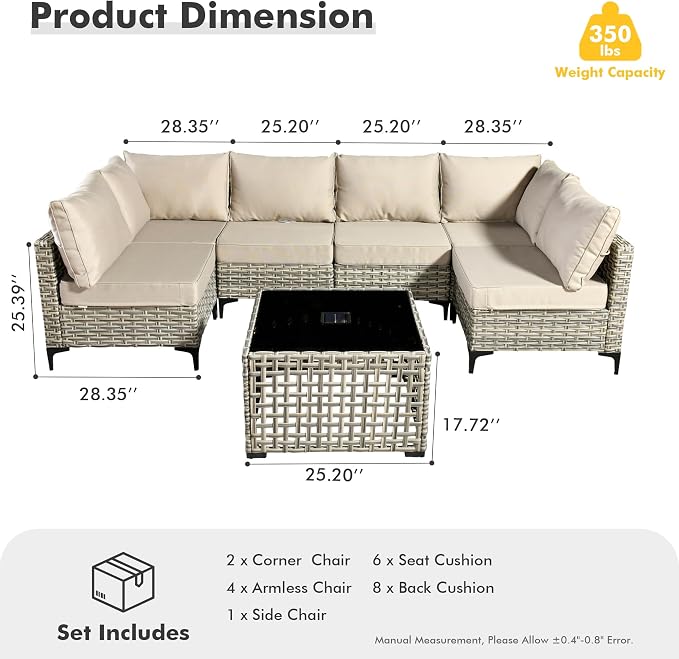7 Pieces Wicker Patio Furniture Set,Outdoor Sectional Sofa with Coffee Table Comfy Cushions,Modern Modular Deep Seat Rattan Couch Conversation Set,Beige
