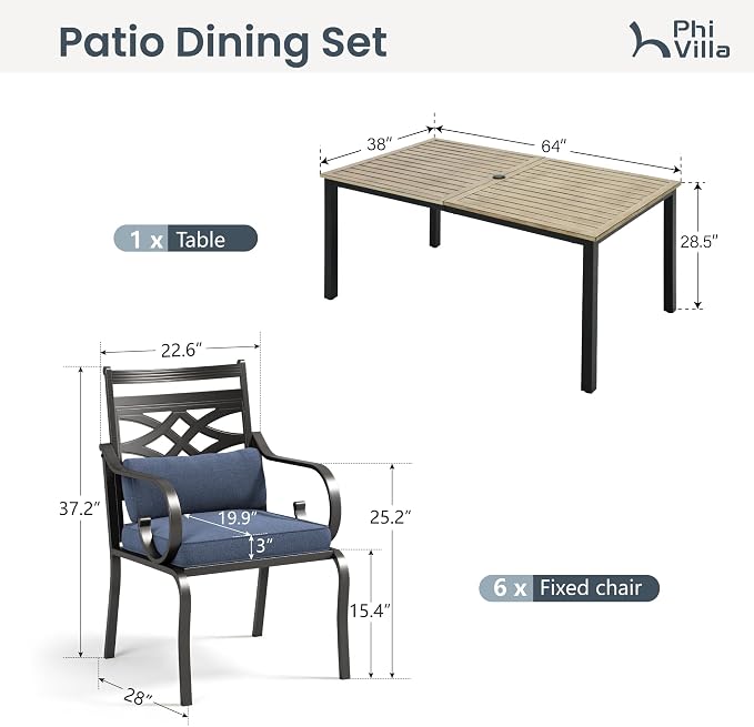 PHI VILLA Patio Dining Set, Metal Table | Metal chairs, Blue Cushion, Umbrella Hole, Cushions, E-coated