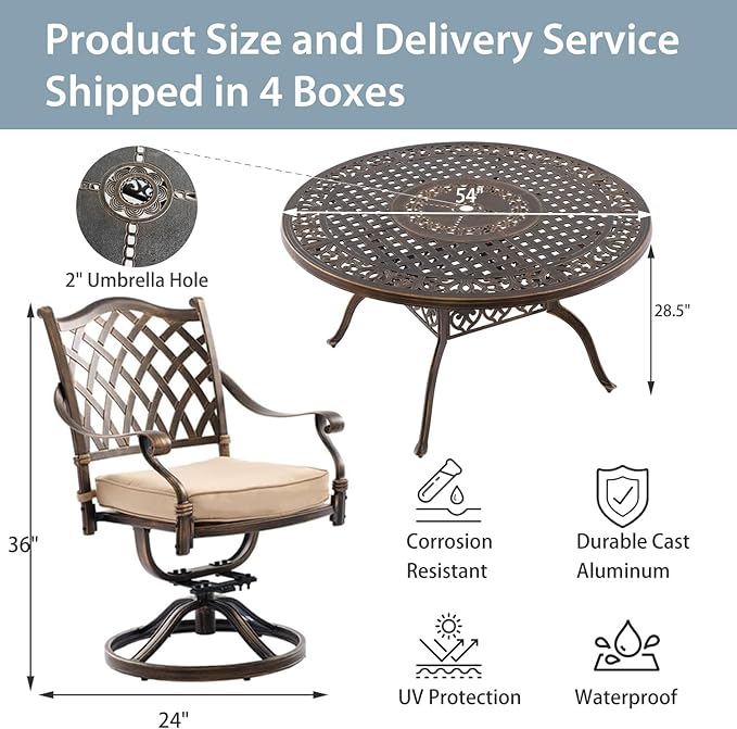7-Pcs Cast Aluminum Patio Dining Set with 6 Swivel Chairs,Bronze | Outdoor Furniture Set Include 54" Round Dining Table and 6 Swivel Chairs with Cushions & Umbrella Hole