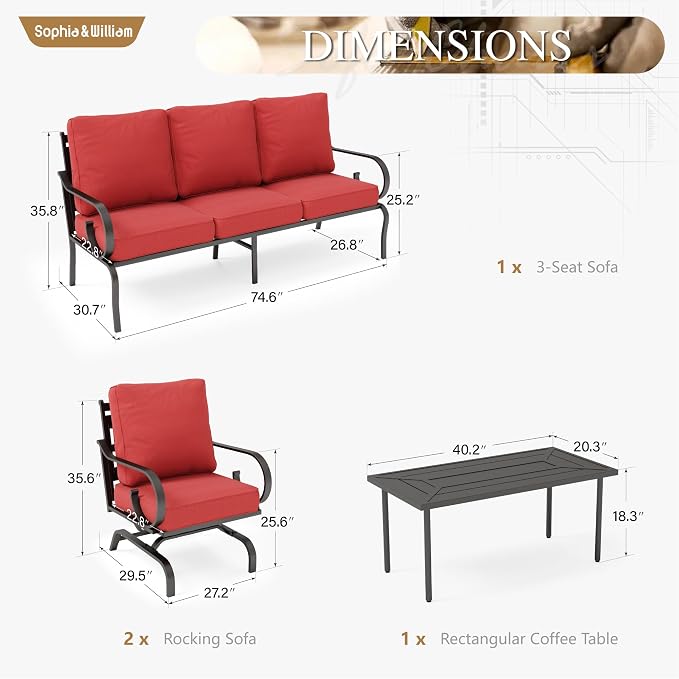 Sophia & William Patio Conversation Set for 7, 3-Seater Sofa, 4 Rocking Chairs and a Coffee Table, Metal Outdoor Furniture with 5.75" Extra Thick Cushions, Red