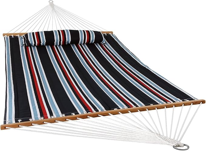 Sunnydaze Quilted Double Hammock for Outside with Spreader Bars and Pillow - 450 lb Capacity, 74x55 Inch Bed, UV Resistant, Quick Dry - Chains Included, Stand Sold Separately - Nautical Stripe