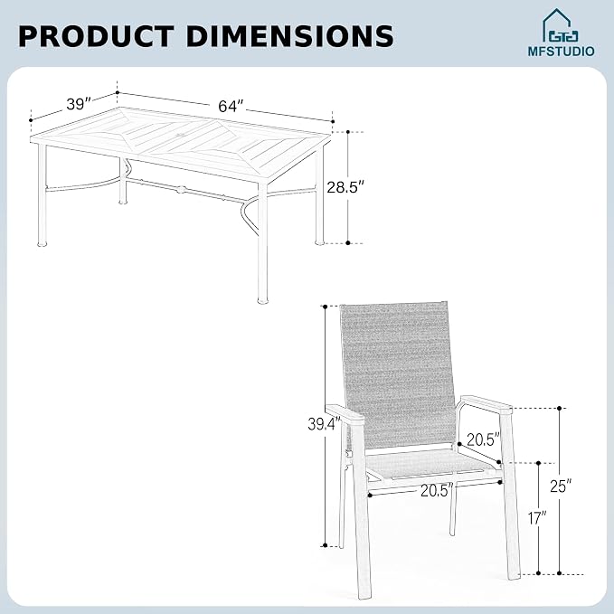 MFSTUDIO 7 PCS Patio Dining Set with 1 American Design Metal Table (64" x 39") and 6 Aluminum Textilene Fabric Chairs (Stackable)