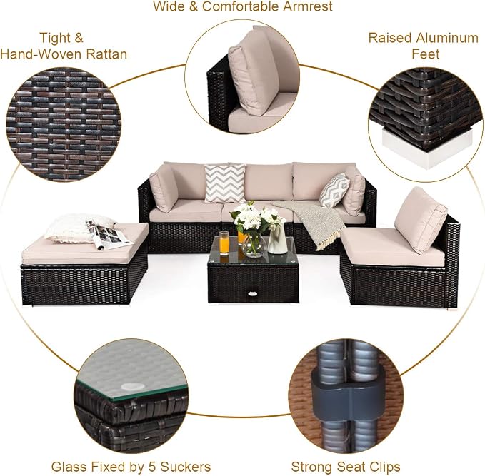 Tangkula 6 Piece Patio Furniture Set, Outdoor Deck Lawn Backyard Durable Steel Frame PE Rattan Wicker Sectional Sofa Set, Conversation Set with Coffee Table (Beige)