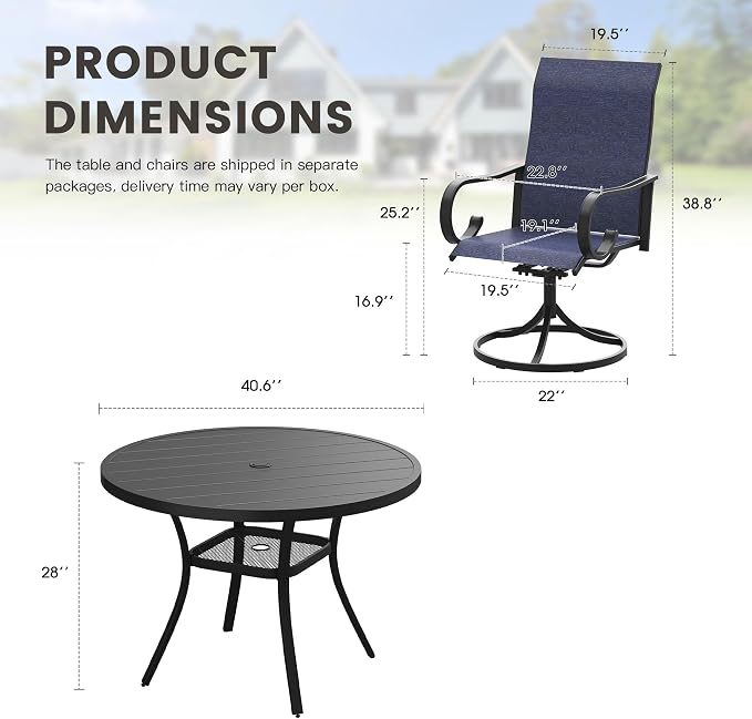 5 Pieces Patio Dining Set, 4 Outdoor Swivel Dining Chairs with 40.6" Round Metal Outdoor Dining Table with Umbrella Hole for Garden Backyard Deck, Dark Blue & Black