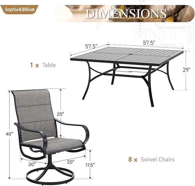 Sophia & William Patio Dining Set for 8, Metal Table & Padded Swivel Chairs | High-back chairs, Square, Umbrella Hole, Durable Material, Ergonomic design, weather resistant, Outdoor backyard deck