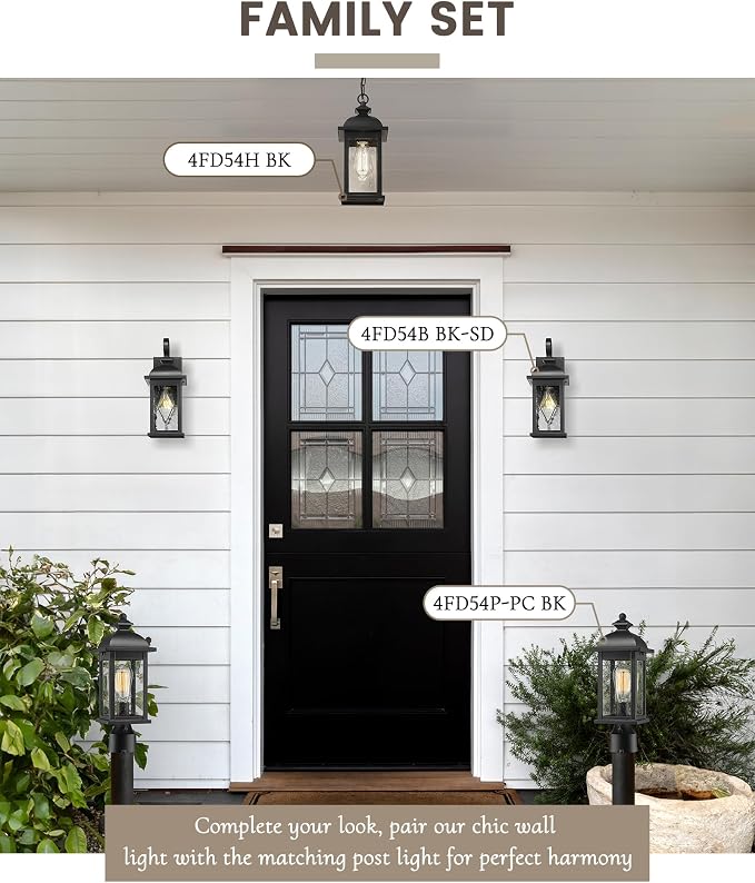 FEMILA Outdoor Wall Light Fixture,1-Light Exterior Waterproof Wall Sconce, Front Porch Lights, Matte Black Finish with Water Ripple Glass, UL Listed, 4FD54B BK-SD