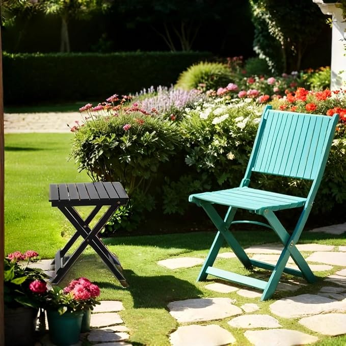 Outdoor Small Table Square Folding Wooden Patio Side Table Set of 2 Furniture Table for Adirondack Chair, Balcony, Porch, No Assembly Required, Black