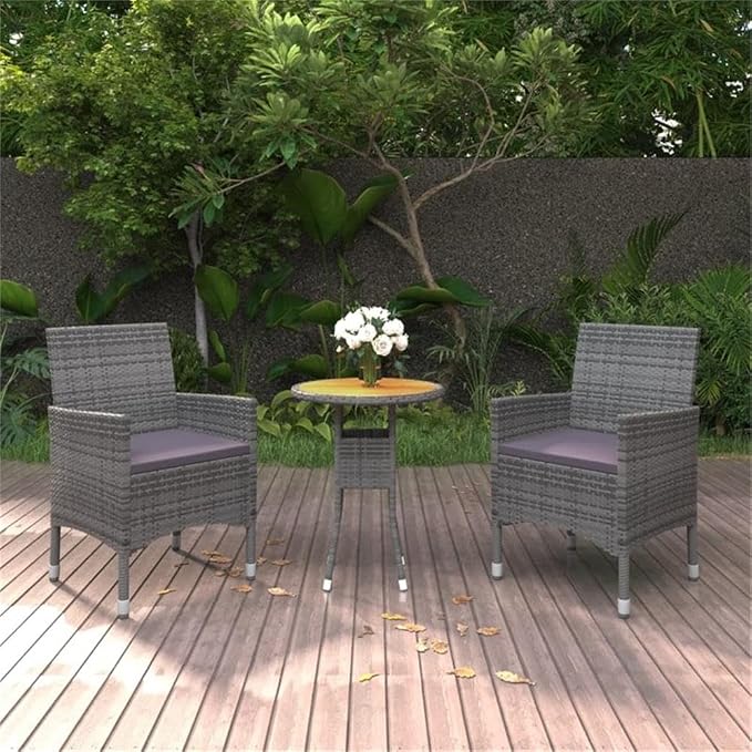 Afuera Living 3-Piece Poly Rattan Garden Dining Set, Gray Finish, Weather-Resistant with Powder-Coated Steel Frame, Round Table 23.6in Wide x 29.5in Tall, Plush Cushioned Chairs, Ideal for Patio or