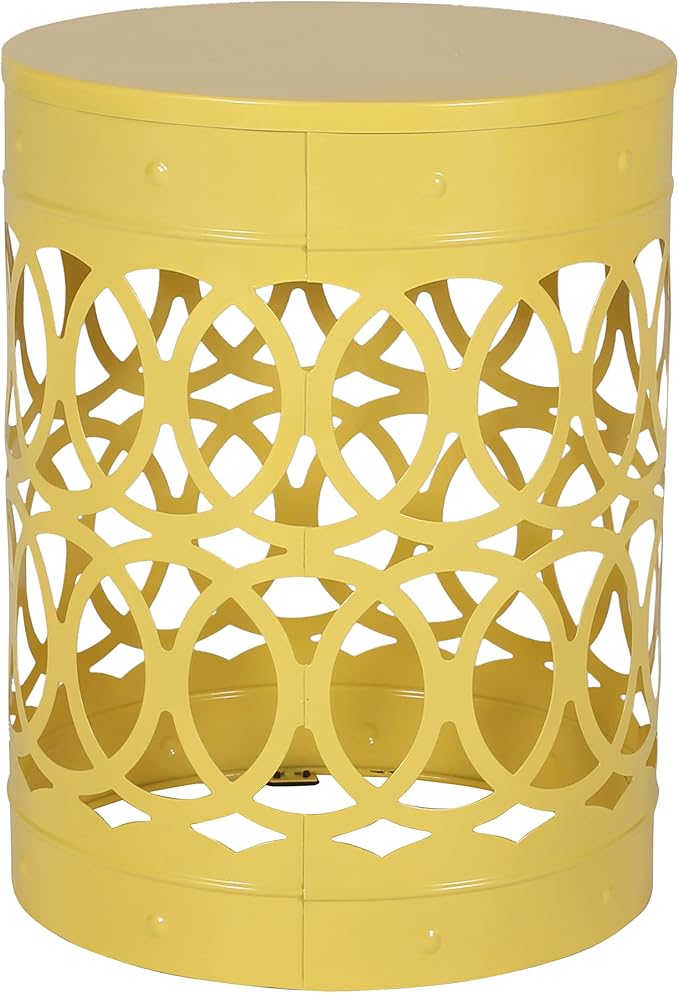 Outdoor Round Metal End Table Cut Out Design, Metal Round Patio Table Garden Stool Side Tables for Indoor Outdoor (Yellow)