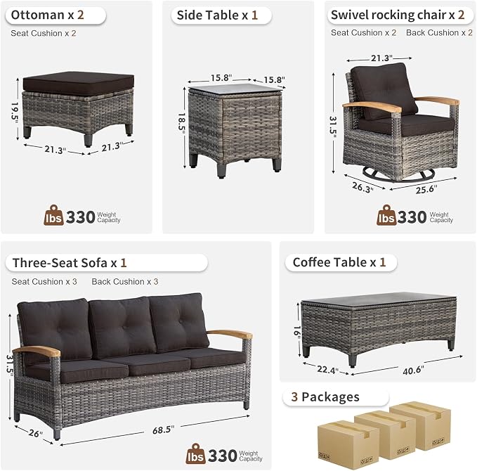 MEISSALIVVE 7 Pieces Patio Furniture Sets,Wicker Patio Conversation Sets with 2 Wood Armrests Swivel Glide Chairs, 2 Ottoman, 3-seat Sofa and Coffee Table (Black)