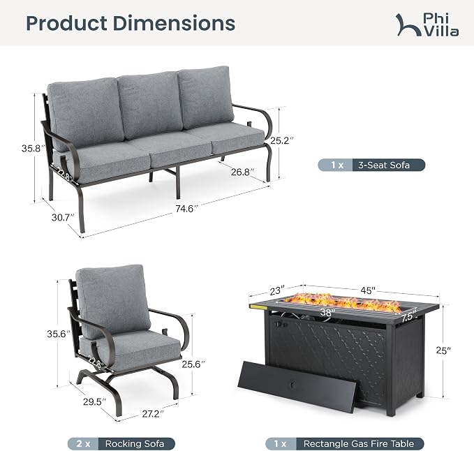 PHI VILLA Patio Furniture Set, 3-Seater Sofa, 2 Rocking Chairs and a 45" Fire Pit Table, Outdoor Metal Conversation Set with 5.75" Extra Thick Cushion for Garden Backyard Deck, Grey