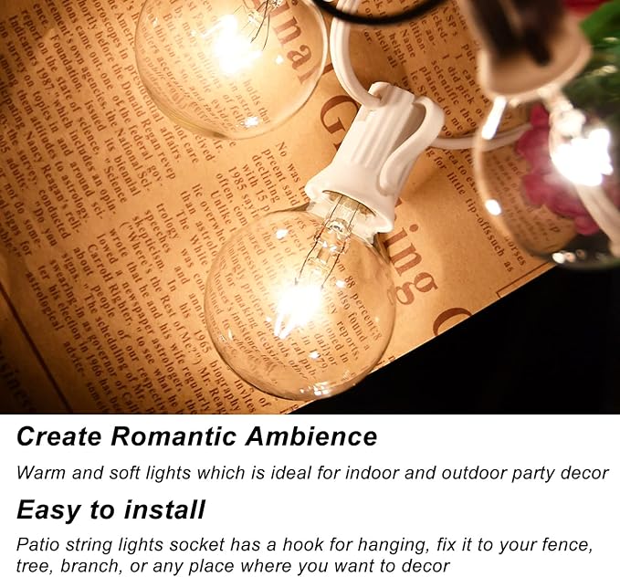 Abeja 25FT Outdoor White String Lights, G40 Globe Patio Lights with 27 Clear G40 Bulbs, Waterproof Hanging Outdoor Light for Backyard Porch Balcony Party Decor - White Wire