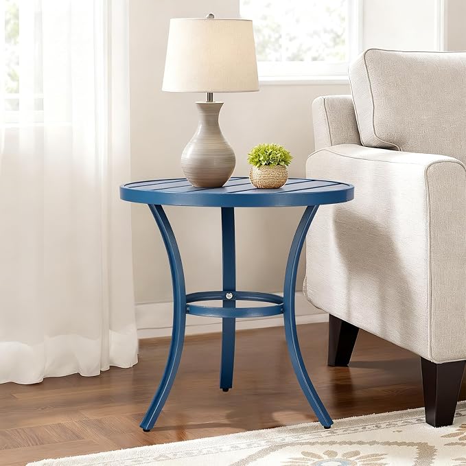 VINGLI Outdoor Side Table, Small Metal Patio End Table, Outdoor Round Table for Patio, Pool, Porch (Blue)