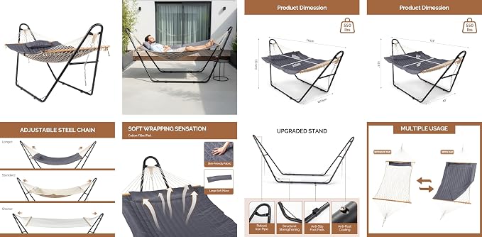 Hammock Chair with Stand, Double-Barrel Hammock with Hammock Bed, Heavy Duty Adjustable Hammock Set for Outdoors, Patio, Yard, Garden, Gray