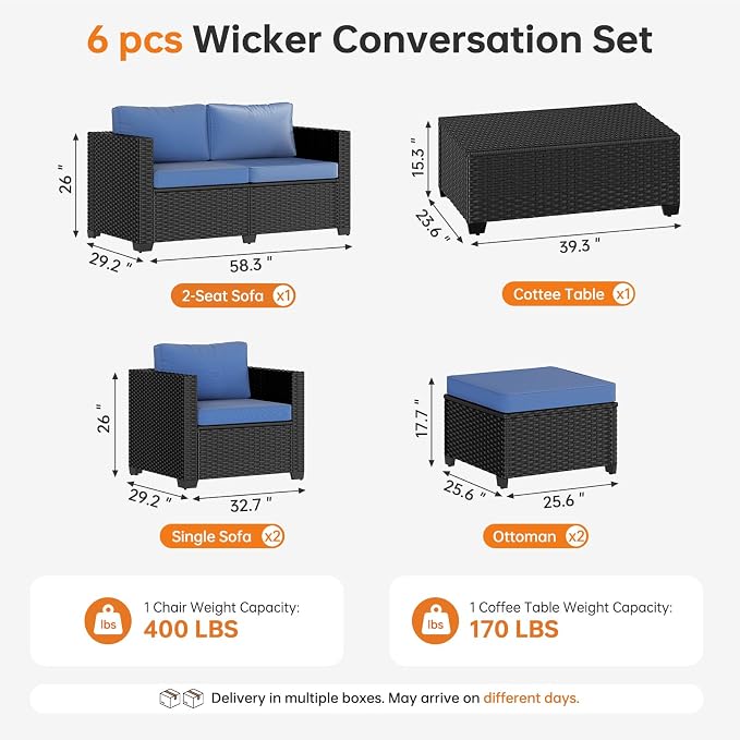 LazySunsets 6-Piece Outdoor Patio Furniture Set, Rattan Outdoor Sectional with Thick Waterproof Cushions, Wicker Ottomans & Waterproof Cover, Patio Conversation Set for Garden, Backyard, Navy Blue