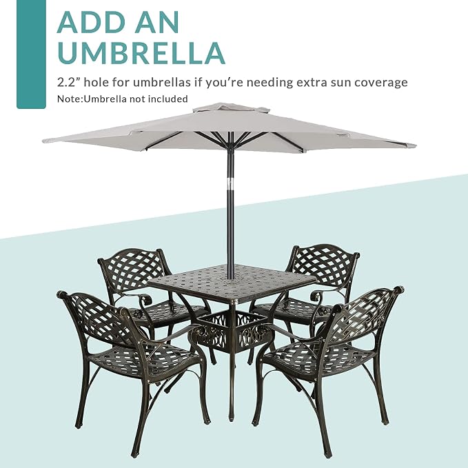 MEETWARM 5-Piece Outdoor Furniture Dining Set, All Weather Cast Aluminum Conversation Set Includes 4 Chairs and a 31.5” Square Table with 2.2" Umbrella Hole for Patio Garden Deck, Lattice Weave Design
