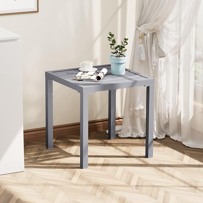 Crestlive Products Outdoor Side Table Set of 2, Small Square Metal End Table Weather Resistant Pool Side Tables for Patio Balcony(Light Gray