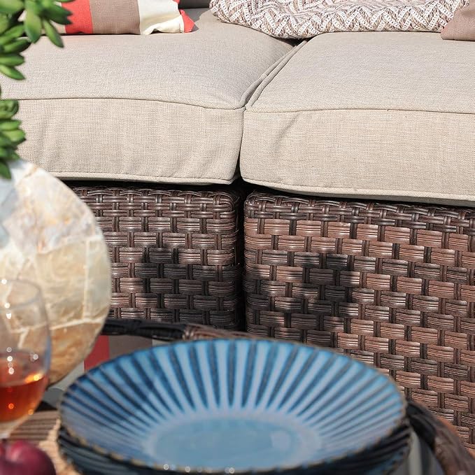 SUNSITT 5-Piece Half Moon Outdoor Sectional Sofa Set with Cover, Patio Brown PE Wicker Furniture with Beige Cushions & Tempered Glass Coffee Table