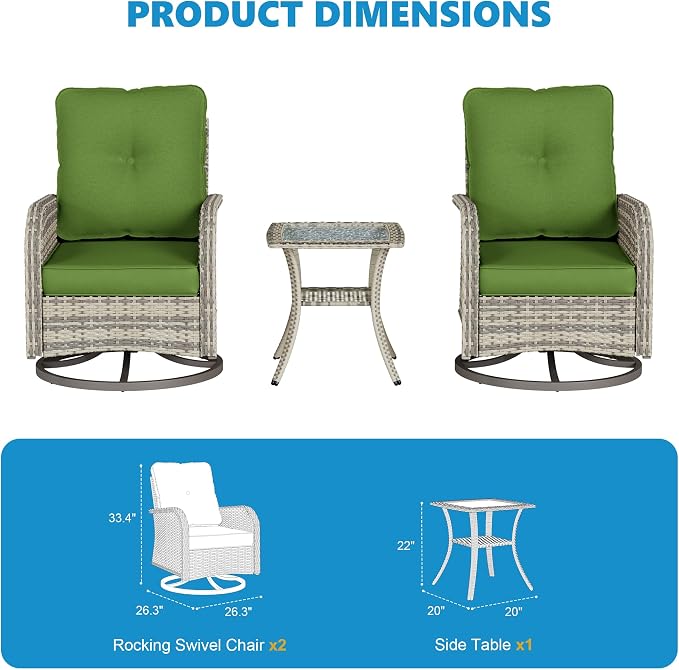 3-Piece Small Patio Furniture Set, Outdoor Swivel Rocking Chairs Set with Wicker Chairs and Tempered Glass Side Table, Outdoor Furniture Patio Bistro Set for Balcony, Deck, Porch
