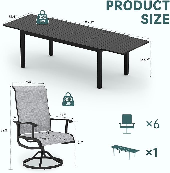 PIZZELLO 7 Pieces Patio Dining Set, 106" Extendable Aluminum Patio Dining Table w/ 6Pcs Textilene Swivel Patio Chairs, All-Weather Outdoor Table and Chairs Sets for Backyard, Garden and Deck