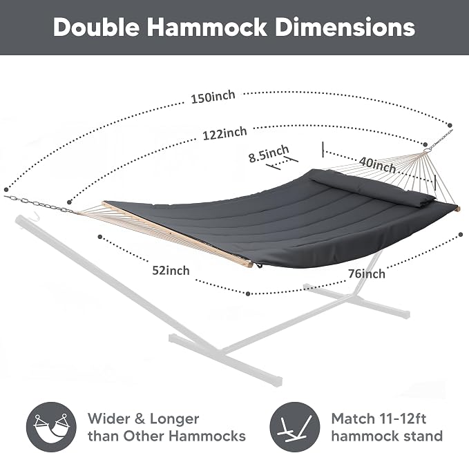SUNCREAT Hammocks for Outside, Two Person Hammock for Patio, Garden, Porch, Outdoor, Dark Grey