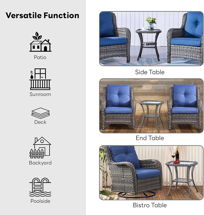 Belord Rattan Patio Side Table, 2 Tier Hand Woven Wicker Bistro Table, 5 mm Frost Glass Top Square Table, Grey Wicker