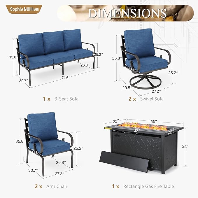 Sophia & William Patio Conversation Set for 7, 3-Seater Sofa, 2 Fixed Chairs, 2 Swivel Chairs and a 45" Fire Pit Table, Metal Outdoor Furniture with 5.75" Extra Thick Cushions, Navy