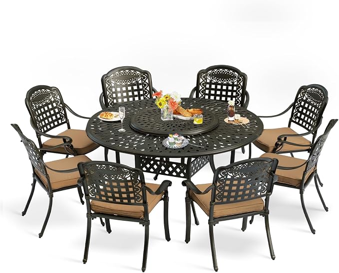9-Piece Patio Furniture Dining Set, All Weather Cast Aluminum Outdoor Conversation Set- 61" Round Patio Dining Table with Detachable Lazy Susan & 8 Chairs, 2" Umbrella Hole, Khaki