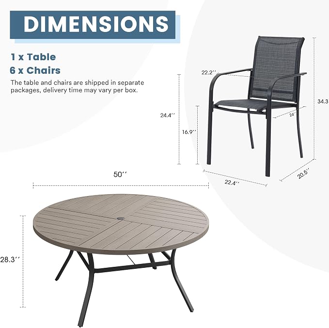 DIFY 7 Pieces Outdoor Patio Dining Set for 6, 50" Grey Wood-Like Round Metal Dining Table and 6 Grey Stackable Textilene Patio Chairs, Outdoor Table and Chairs for Backyard Garden Poolside